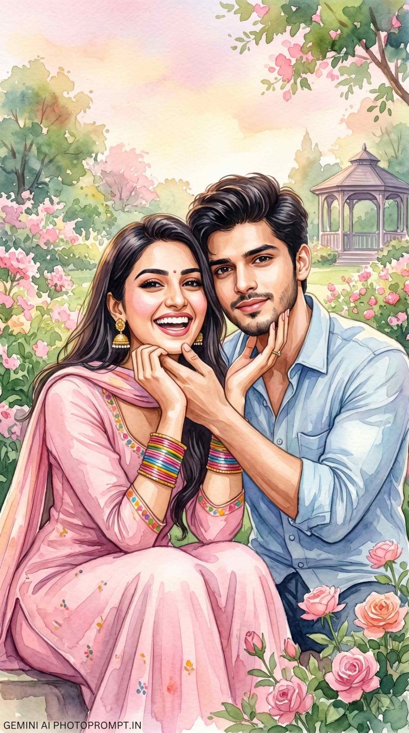 Romantic impressionist watercolor painting of a young couple prompt free