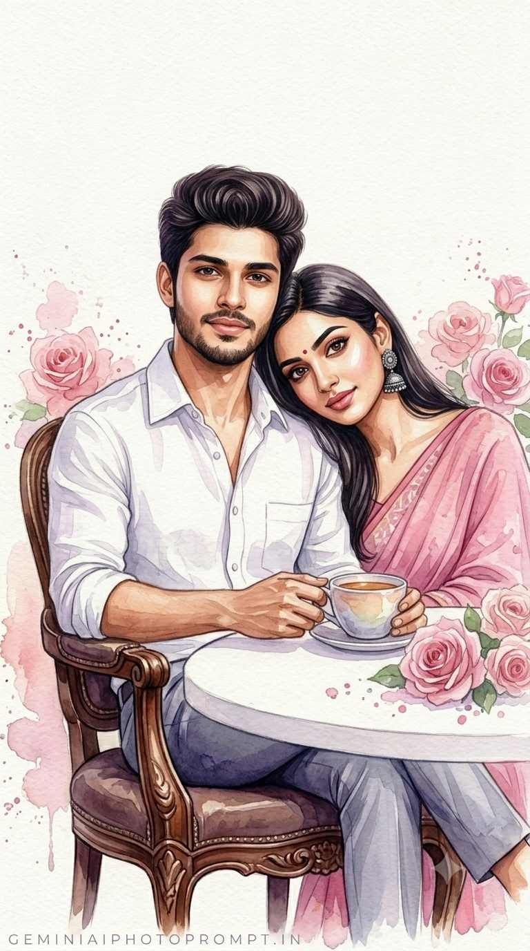 Romantic watercolor couple portrait prompt