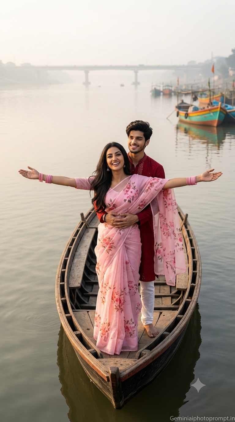 Romantic boat portrait of couple prompt instagram